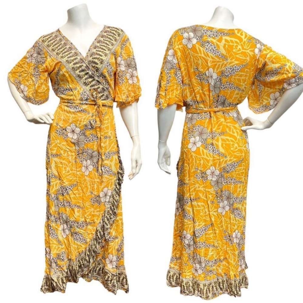 Acanela expeditions Medium/Large  cottage core yellow ruffle wrap dress Farmcore